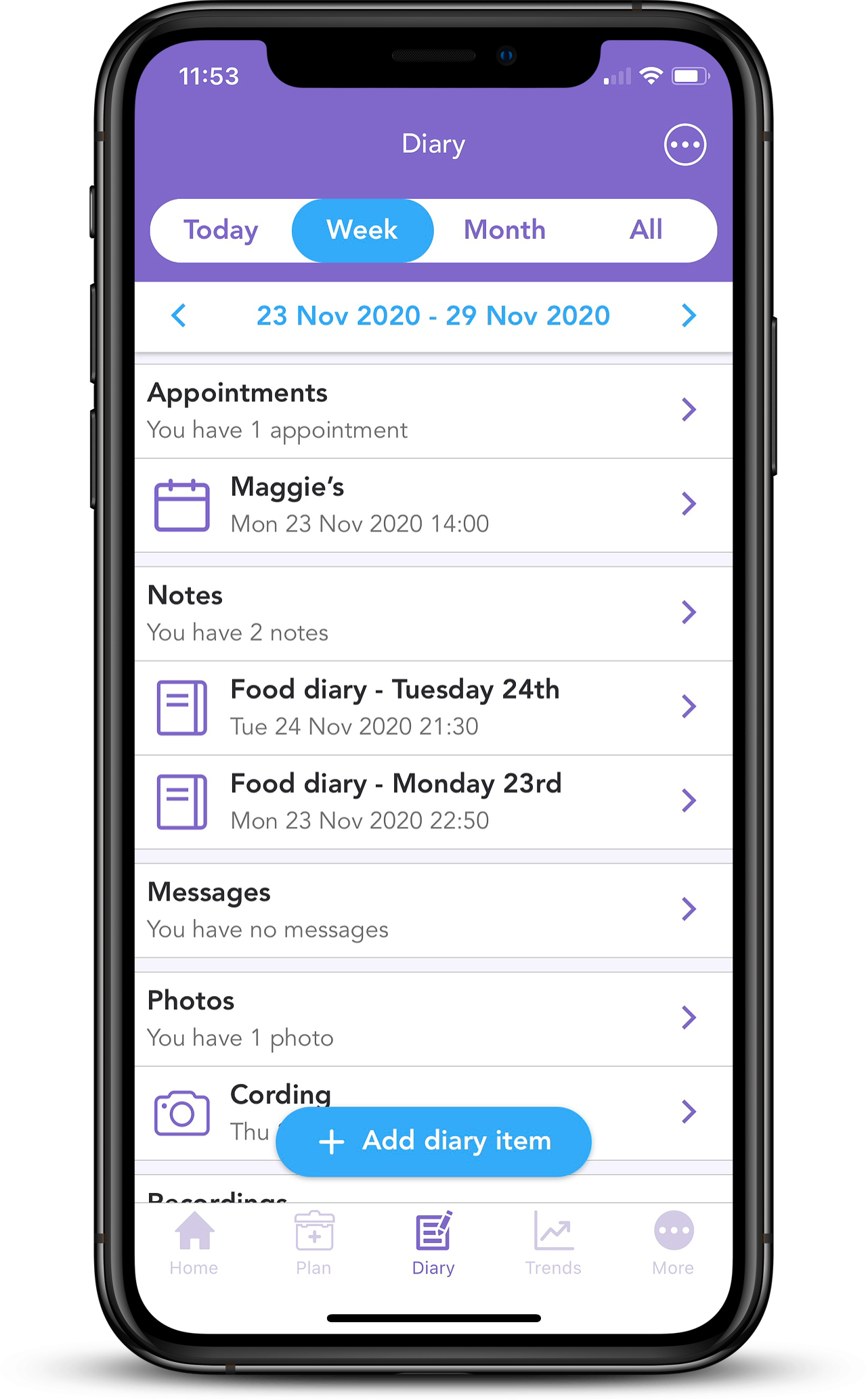 iPhone XS Mockup of Diary page in OWise