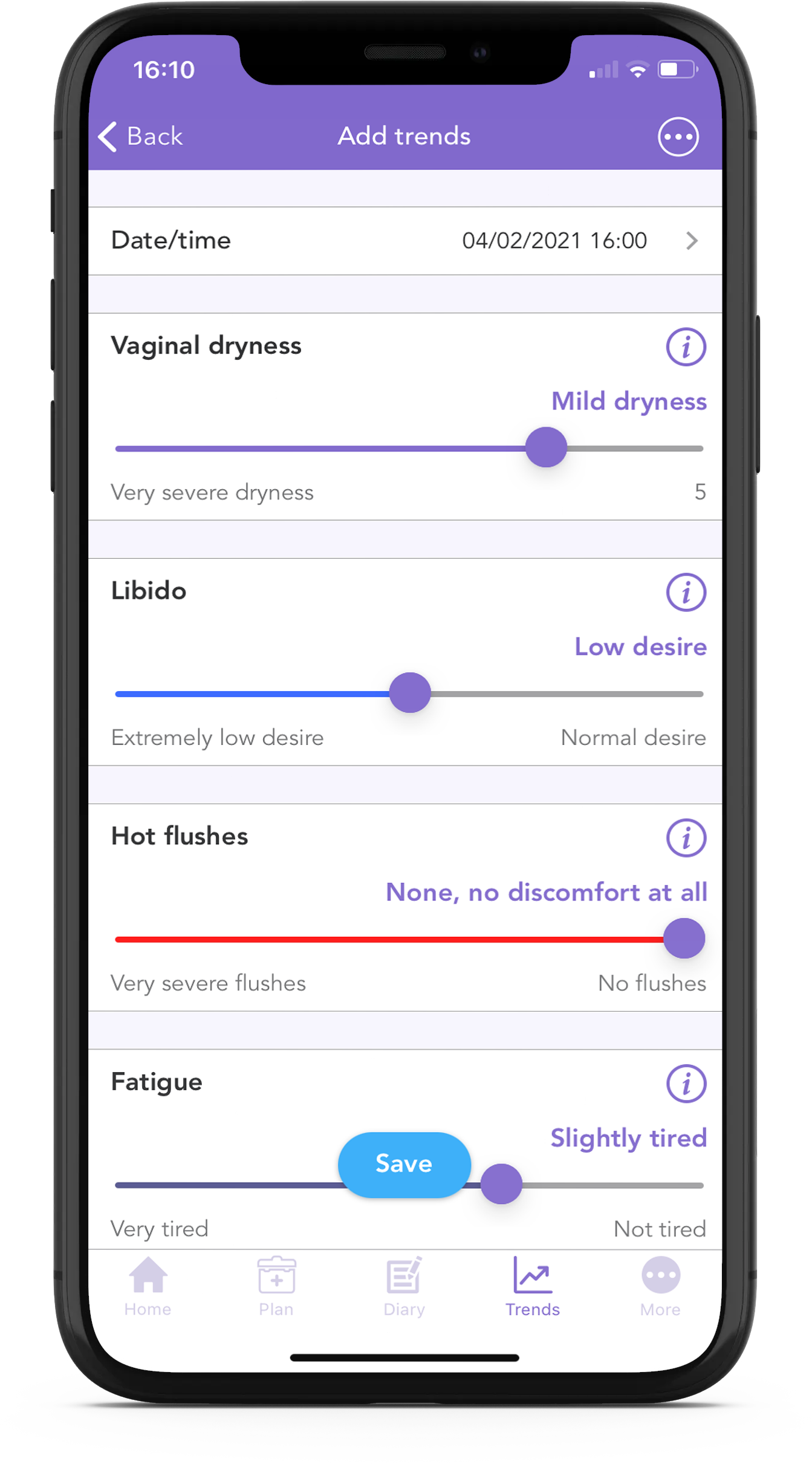 OWise the breast cancer support app. Symptom tracking feature.