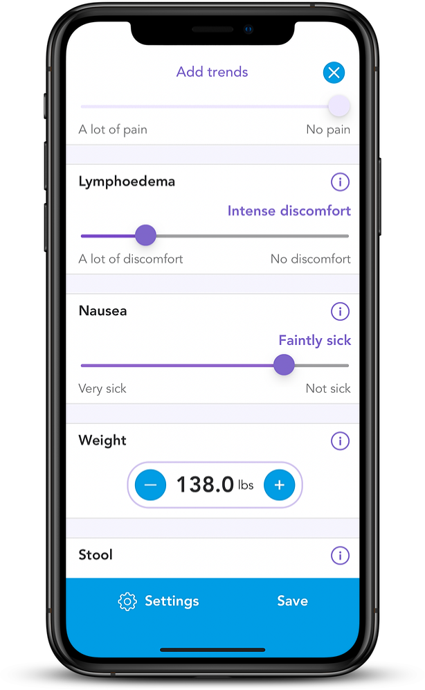 iPhone Mockup with OWise app on adding trends screen showing lymphoedema, nausea, weight and stool sliders.